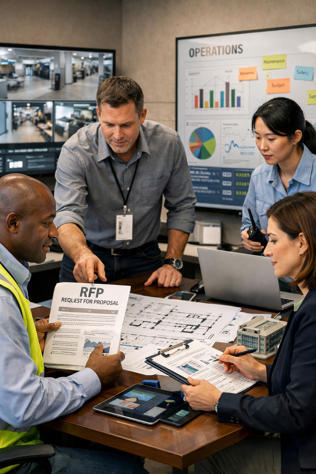 create an image that incorporate facility managers RFPs operations and data make it have a realistic look-3