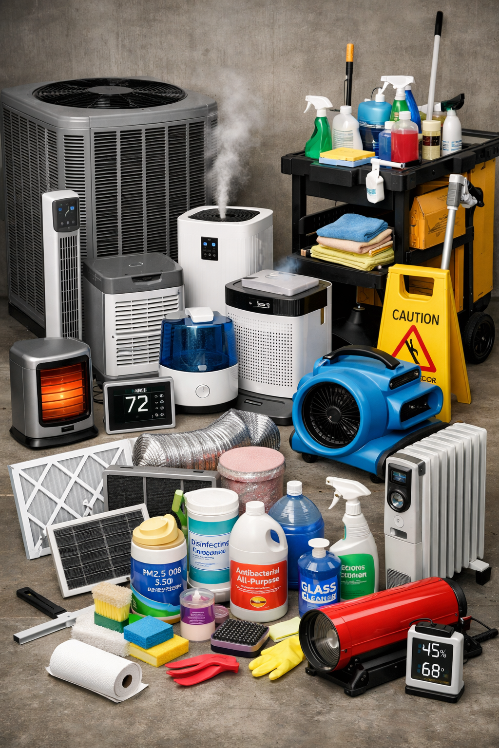 photographic create an image that shows various products for heating and cooling indoor air quality and facility cleaning-1